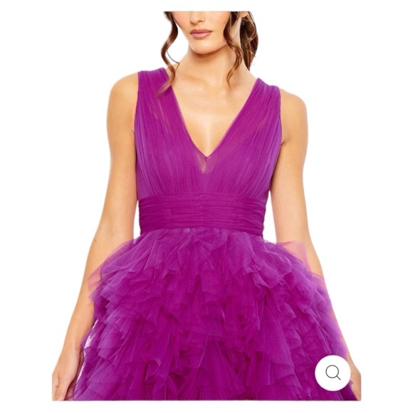 COPY - NWT MAC DUGGAL RUFFLED CAP SLEEVE V-NECK A LINE TULLE DRESS Fuchsia - Picture 4 of 7